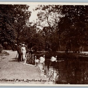 c1930s Southend-on-Sea, England RPPC Prittlewell Park Feed Swan Ducks Group A187