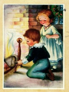 C.1910 Christmas Night Cute Kids Firelight Bellows Wreath Vintage Postcard P78