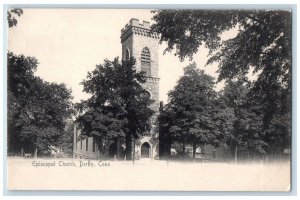 c1905 Episcopal Church Building Tower View Trees Derby Connecticut CT Postcard