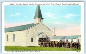 CAMP CROWDER, Missouri MO ~ Soldiers ARMY CHAPEL Sunday Services 1940s Postcard