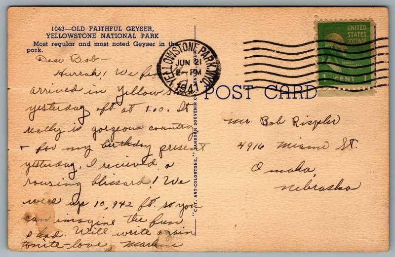 Postcard Yellowstone National Park WY c1941 Old Faithful Geyser CDS Cancel
