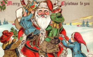 C. 1910 Fab Santa Claus Holding Kids Toys Snow Christmas Vintage Postcard P215