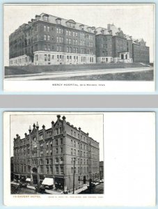 2 Postcards DES MOINES, Iowa IA ~ Mercy Hospital & Savery Hotel c1900s-10s