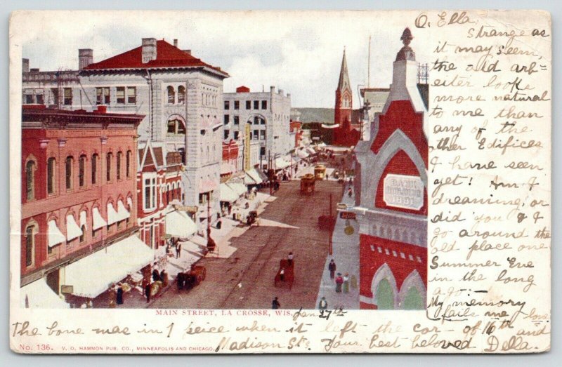 La Crosse Wisconsin~Main Street~Shopping~Bank Building~Church in Distance~1907 