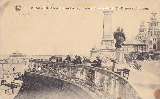 Belgium Blankenberge La Digue avec le monument De Bruyn et Lippens 1920