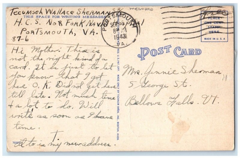 1943 Sailor Fresh Guy Mermaid Soldier Mail Portsmouth Viginia VA Posted Postcard