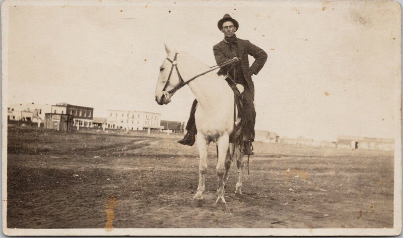 Man on White Horse Vermilion Alberta AB Real Photo Postcard E97