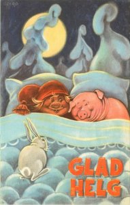 Vintage Fantasy Postcard Geerd Ogre in Bed with Pig & Rabbit Glad Helg Sweden