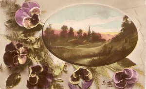 Landscape. flowers. Old vintage French New Yeat Greetings  postcard