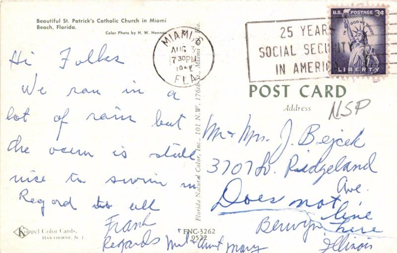 MIAMI BEACH FLORIDA BEAUTIFUL ST PATRICKS CATHOLIC CHURCH POSTCARD 1962