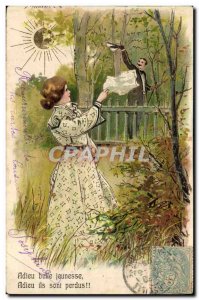 Old Postcard Fantasy Flowers Woman Sun Good-bye beautiful youth