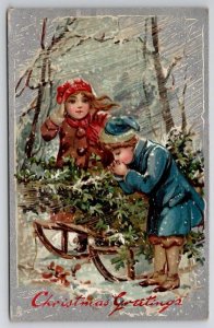 Christmas Raphael Tuck Children Tree On Sled Postcard U26