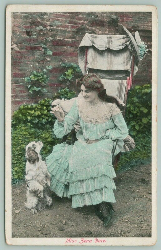 Miss Zena Dare Dog Training~English Actress~Spaniel Begs for Treat~1907 Postcard