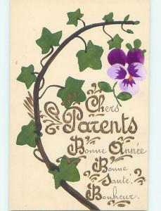 1928 rare hand drawn one-of-a-kind postcard VIOLET FLOWER & FRENCH MESSAGE J5616