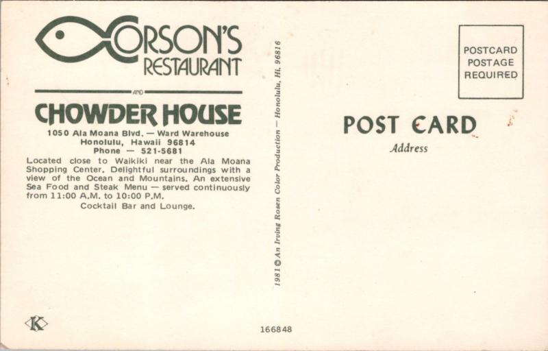 Orson's Restaurant Chowder House Honolulu HI Hawaii Unused Vintage Postcard D43
