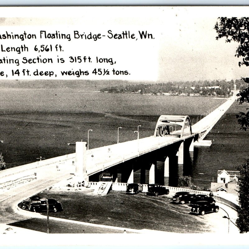 c1950s Seattle, WA RPPC Floating Bridge Real Photo Cars Johnston Postcard A93