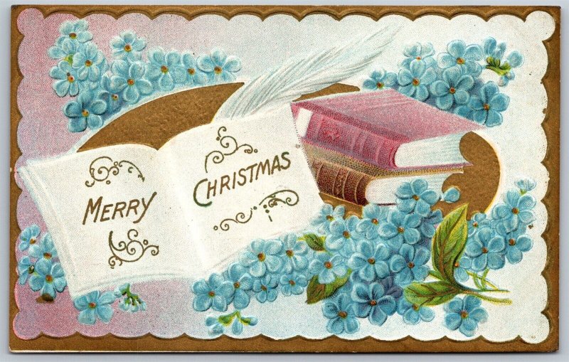 Vtg Merry Christmas Forget Me Nots Books Gold Gilt Embossed Winsch Back Postcard