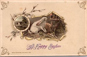 John Winsch 1913 Easter Postcard Two Bunny Rabbits Torn Paper Farm Pussy Willow