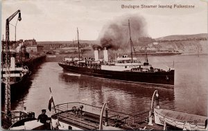 Boulogne Steamer leaving Folkestone Kent UK Ship Antique Litho Postcard G60