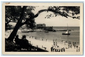 c1940's Scene of Sailboat Beach Crowds Bahia Barra Brazil Vintage Postcard
