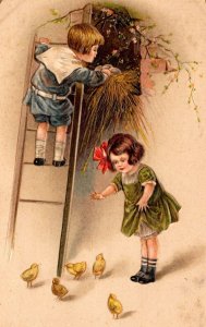 Vintage John Winsch Adorable Children, Baby Chicks, Coop Antique Easter Postcard