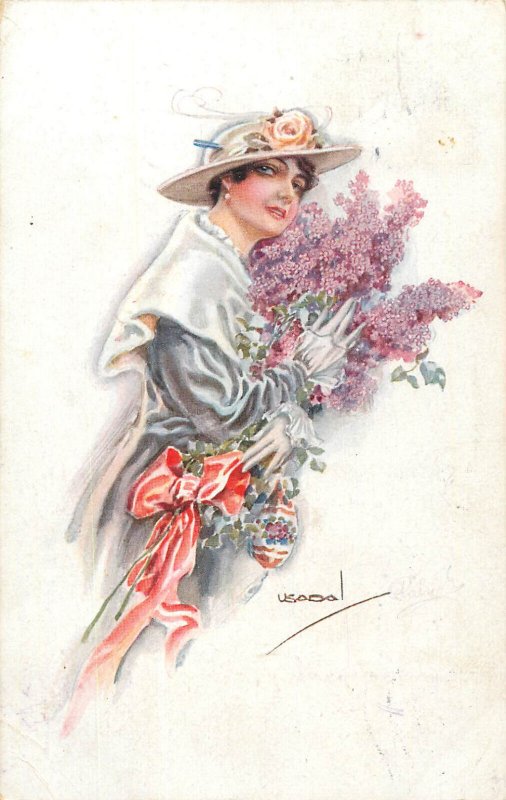 Lovely drawn woman with lilac flowers artist Luis Usabal c.1917 postcard