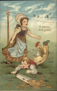 New Year - Children Broken Roll of Gold Coins c1910 Postcard