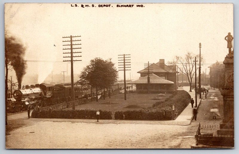 Elkhart IN Civil War Monument~Lake Shore & Michigan Southern Railway Depot RPPC