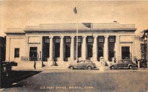 Bristol Connecticut~US Post Office Building~Classic Cars~Man Walking~Postcard