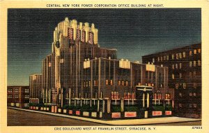 Linen Postcard Syracuse NY Art Deco Building, Central New York Power Co at Night