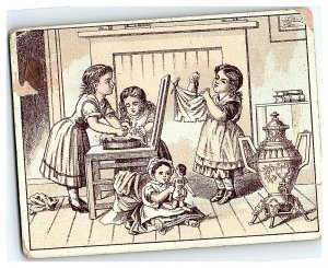 1880s Coffee Card Dilworth's Trade Victorian Girls Washing Clothes Doll 