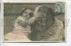 440248 Cute Girl & Huge St. Bernard Dog Vintage PHOTO postcard
