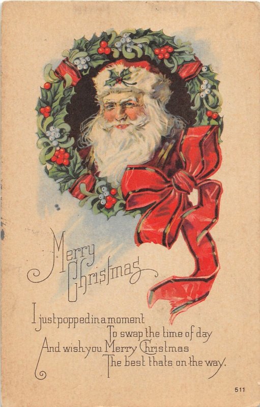 F57/ Santa Claus Merry Christmas Holiday Postcard c1910 Wreath Bow 7 