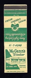 Newport, Rhode Island/RI Match Cover, McGann's Windsor Restaurant, 1950&...