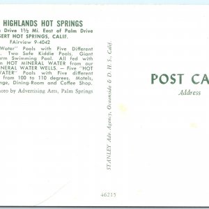 c1940s Desert Highlands, Hot Springs, CA Mineral Water Pool Postcard Cali A88