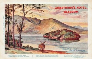 LOCH KATRINE SCOTLAND~ELLEN'S ISLE~ARMSTONGS HOTEL GLASGOW POSTCARD