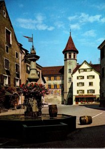 Switzerland Maienfeld Staedliplatz mit Rathaus