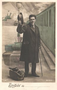Vintage Postcard 1920's Gentleman with Hat & Luggage at Train Station Artwork