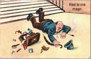 Artist Signed Comic Caricature Men Falling Downstairs Vintage Postcard 09.53