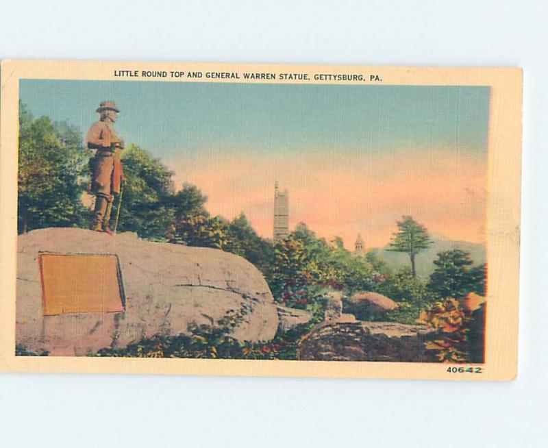 Linen CIVIL WAR STATUE AT LITTLE ROUND TOP Gettysburg Pennsylvania PA F2201