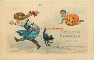 Halloween, Girl with Black Cat On Leash, Boy Behind Jol, Stecher 1290 A