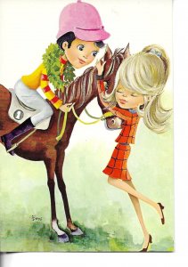 Youg couple. Romance with their horse Modern Spanish, artist signed, postcard