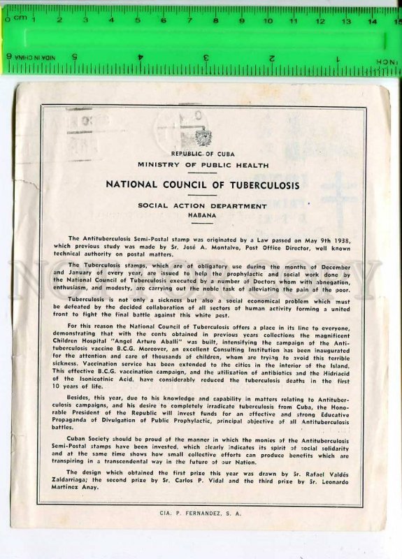 266626 CUBA stamp 1954 year first day page tuberculosis