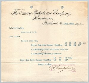 1895  Portland  Maine   Emery Waterhouse Co.  Hardware  Receipt 7 x 7