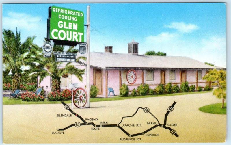 GLENDALE, Arizona  AZ   Roadside  GLEN COURT Motel  with Map  c1960s   Postcard
