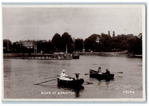 c1930's Boat Canoeing River at Surbiton London England RPPC Photo Postcard