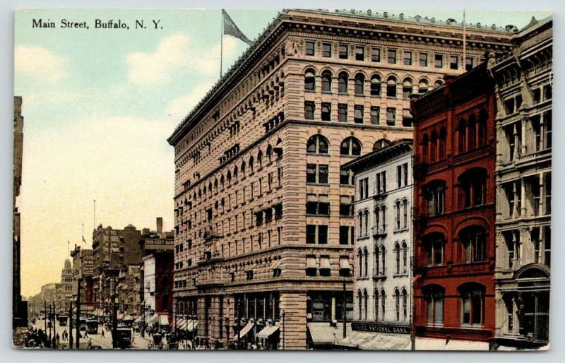 Buffalo New York~Main Street~Third National Bank~Trolley Line~c1910 Postcard 