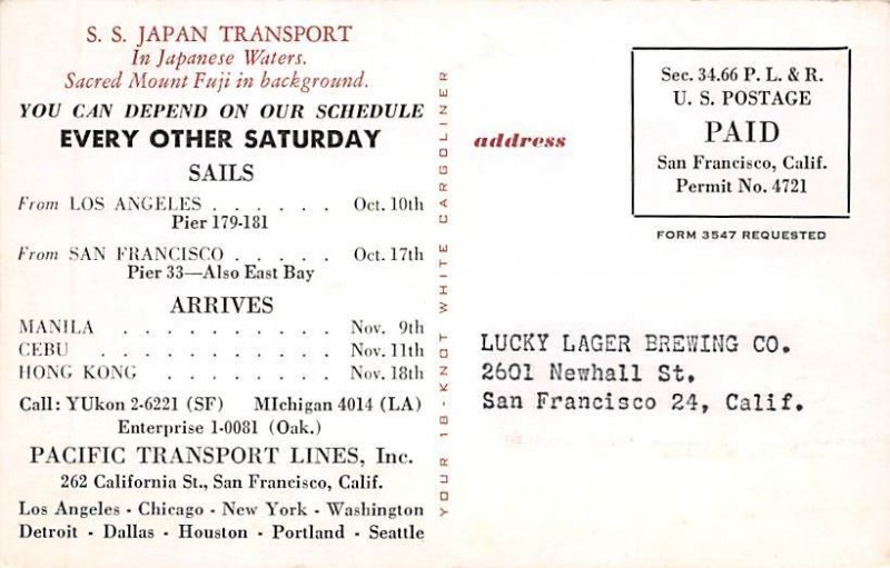 S.S. Japan Transport Los Angeles Oct 10th, San Francisco Oct 17th S.S. Japan ...