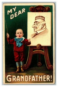Vintage 1911 Comic Postcard Young Boy Points to Artist Picture of Grandfather