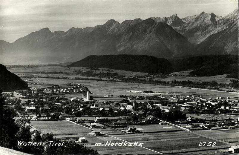 austria, WATTENS, Tyrol Tirol, Panorama mit Nordkette (1960s) RPPC Postcard